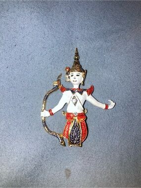 Ramayana bow character 
Thai-style Enamel Archer Brooch in White, Red & Gold